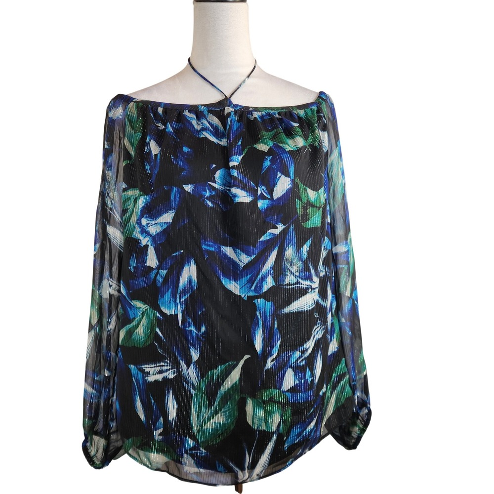 White House Black Market Off Shoulder Metallic Leaf Print Blouse Top Womens Sz M